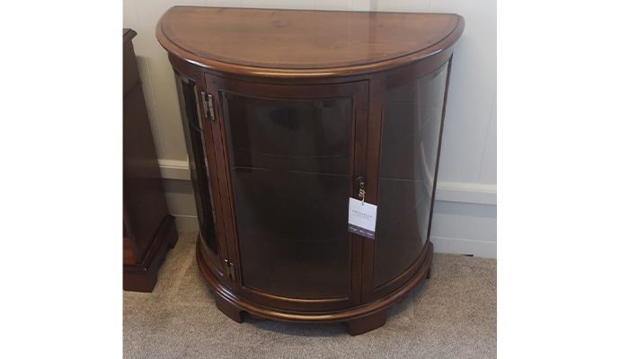 Demi Lune Display Cabinet In Antique Cherry Finish With Cross Banded Top